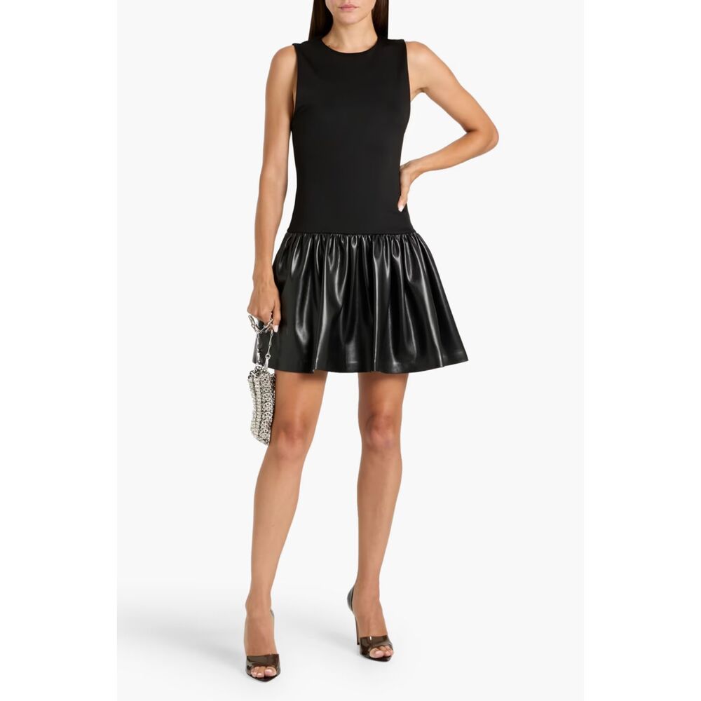 NWT Alice + Olivia Ella Faux Leather Drop Waist Mini Dress Black 4 $395